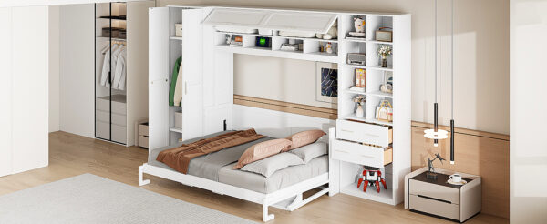Queen Size Murphy Bed Wall Bed with Closet , Drawers and Shelves, White