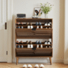 Medieval Modern Independent Shoe Cabinet, 31.5-inch Walnut Shoe Storage Cabinet,, Fence Shoe Cabinet with 2 Flip Drawers, Suitable For Corridors And Entrances