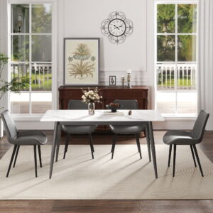 62.99" Modern Artificial Stone White Straight Edge Dark Grey Metal Leg Dining Table-Can Accommodate 6 People(Dining Table Only)