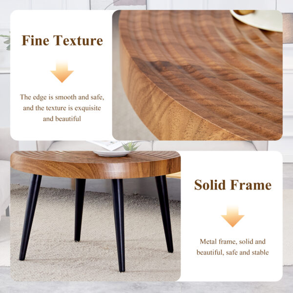 f9e1777b91bc4bb5b0a392fde45b265d_04f4281ad5cc6133a00640b8a3e3a161 Natural Wood Grain Texture Round Coffee Table - Diameter 23.6 Inches.Exquisite Suction Molding Process,Natural Wood Grain Texture,Black Sprayed Metal Leg.