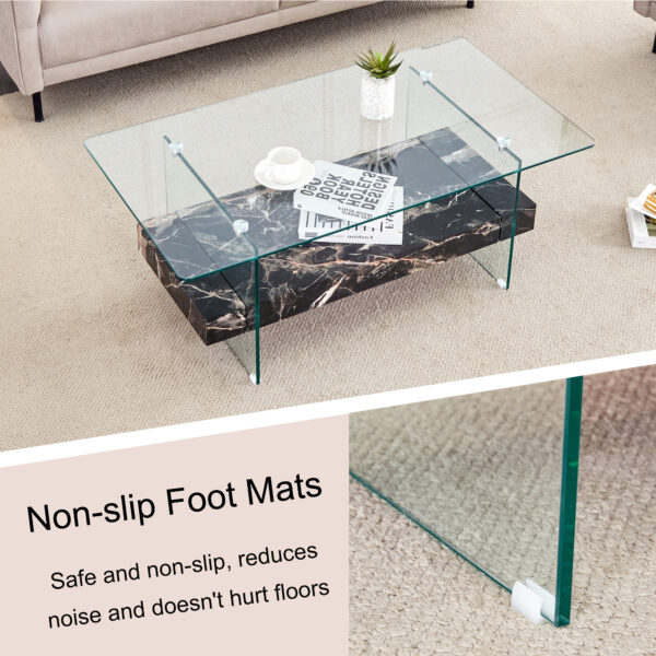 f9fbf93becd440bcbbee4d703c509d4f_243c78baf8e073742bc076f6b2b4a62f 43.3 Inch Modern Two-Tier Coffee Table - An Elegant Combination of Clear Glass and Black Marble Pattern.It can be used not only as a coffee table but also as a side table or display stand.