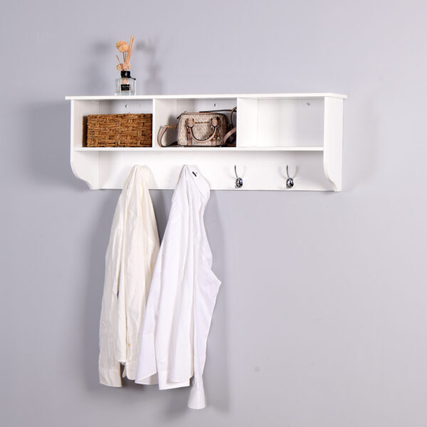 fa5cf4bbb4364d16b309bf79f32ba1e1_20220128_0c0f17f2d624f662d2e31e998b3e6e35 White Entryway Wall Mounted Coat Rack with 4 Dual Hooks Living Room Wooden Storage Shelf