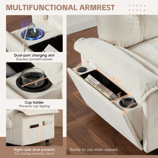 [VIDEO]104*60" Sectional Sofa, L-Shape with Multifunctional Armrest, Dual-Port Charging, Cup Holder, Side Storage Pockets, Movable Storage Ottoman, Unique Tufted Design, Soft Cushion, Chenille,3colors