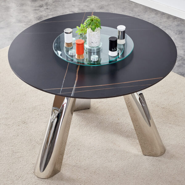 faef10b3332d427bbdbda8431ece27f9_a9644f138f65bd54fcc009d64f362070 A 42-inch burn stone round table with stainless steel legs can accommodate 4 or 6 diners