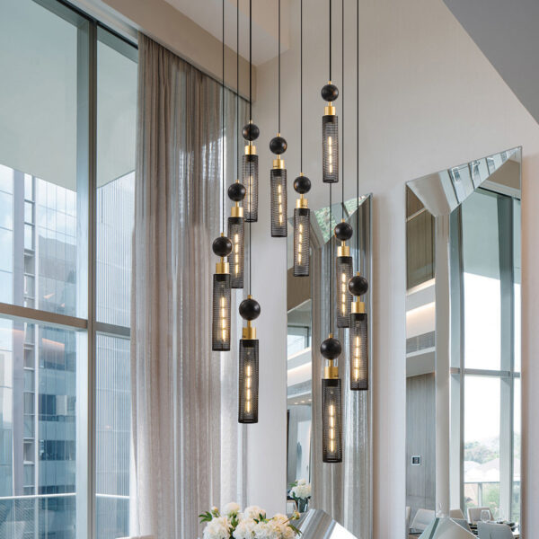24" Modern Industrial Multi-Light Pendant Chandelier - 9-Light Black and Gold Adjustable Ceiling Light Fixture with Mesh Cylinder Shades for Living Room, Dining Room, or Staircase (Bulb Not Included)