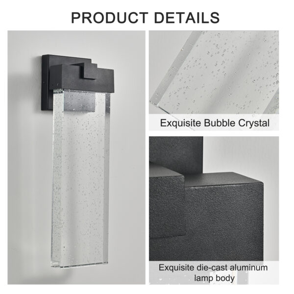 fb5bdbf3bdfc4e56836c679c89bad345_4e17939fbcd1b552c214cb925cb0c448 18"(H) 1-pack 12W Modern Outdoor Wall Light Fixture, Weatherproof LED Wall Sconce with Bubble Crystal, Black Finish, Up and Down Lighting for Porch, Patio, and Garden
