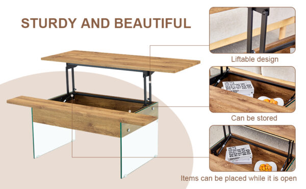 fb664b4b7e3c41309bdeb9f02660e020_8af3176d64f6e20a2dd8c4822a71ee2b Multifunctional Lift Top Coffee Table -Light Wood Color Grain Sticker, Essential for Modern Homes.Tempered Glass Legs,Lift Top Feature.Perfectly Fitting Into Living Rooms And Office.