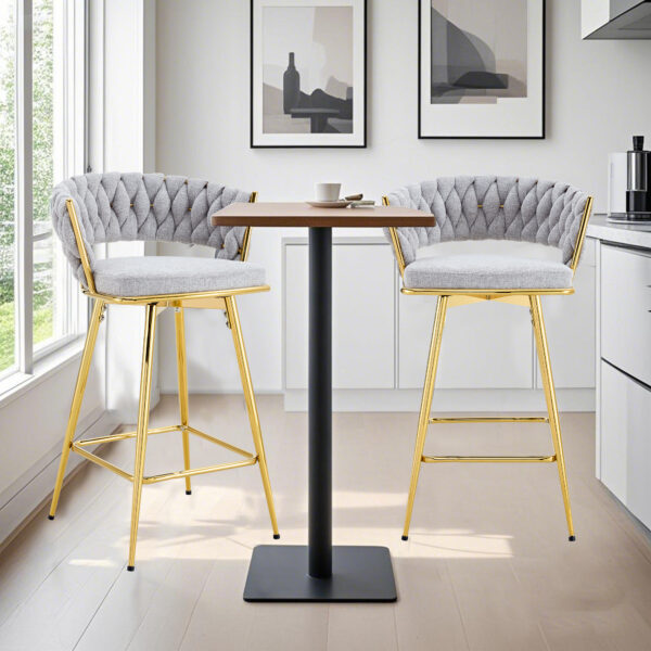 Two sets of swivel bar stools with breathable cotton and linen soft cushions, electroplated metal frames without rust, suitable for restaurant and bar use, as well as for casual seating in living room