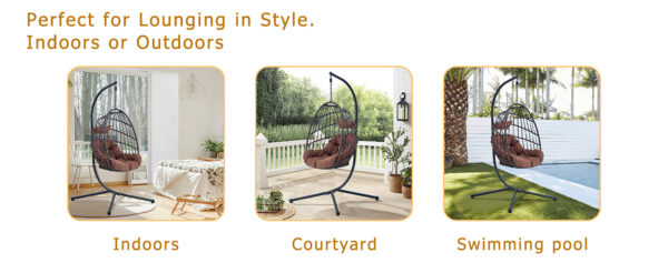 Indoor Outdoor Egg Swing Chair with Stand, Patio Grey Wicker Rattan Hanging Chair with Rope Back, Cushion,Cover,All Weather Foldable Hammock Chair for Bedroom, Porch, Garden
