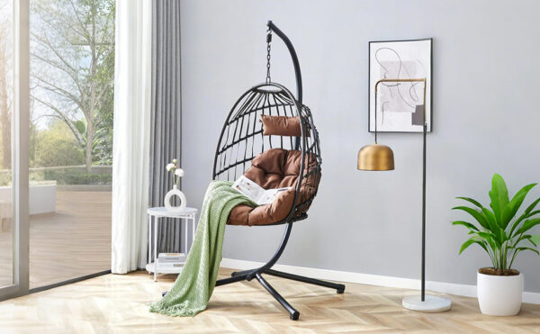 Indoor Outdoor Egg Swing Chair with Stand, Patio Grey Wicker Rattan Hanging Chair with Rope Back, Cushion,Cover,All Weather Foldable Hammock Chair for Bedroom, Porch, Garden