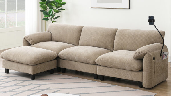 [VIDEO Provided] 108" Modular Sectional Sofa, L-Shape with 31.5" Extra-Wide Seat Cushion, USB and Type-C Charger, Phone Holder and 2 Side Storage Pockets, Free Movement Ottoman, Striped Chenille