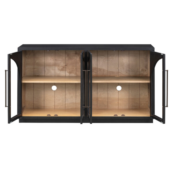TREXM 4-Door Large Storage Sideboard Buffet Cabinet with Glass Doors, Arched Cabinet with Adjustable Shelves for Kitchen, Dining Room and Living Room (Black)
