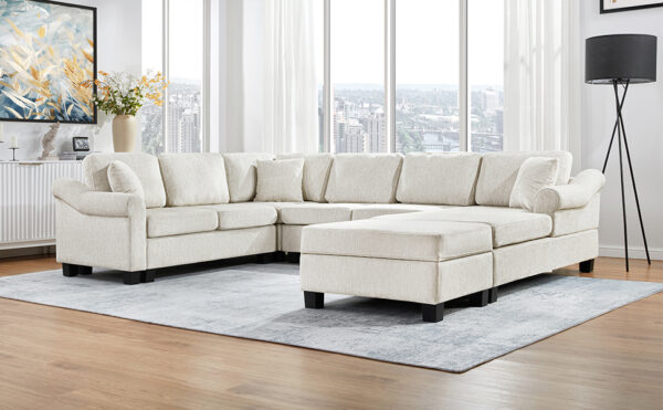 Sectional Sofa 111.8" U-shaped Sofa Chenille Upholstered Sofa Couch with Movable Storage Ottoman for Living Room, White