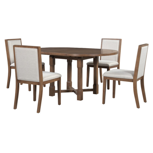 TREXM 5-Piece Extendable Dining Table Set for 4, Round Dining Table for 4 with Upholstered Chairs, Farmhouse Kitchen Table Set with Removable Leaf for Dining Room and Kitchen (Brown)