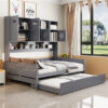 Full Size Wooden Daybed With Twin Size Trundle, and All-in-One Cabinet and Shelf, Gray