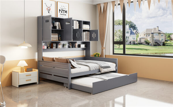 Full Size Wooden Daybed With Twin Size Trundle, and All-in-One Cabinet and Shelf, Gray