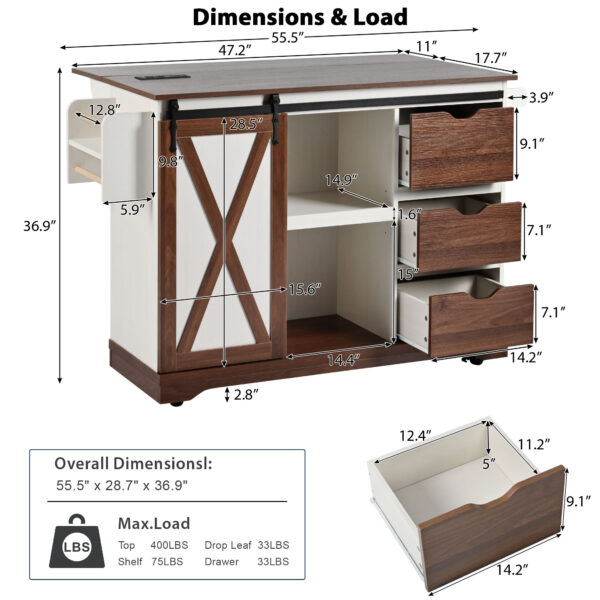 K&K 55.5" Farmhouse Kitchen Island with Drop Leaf, Kitchen Storage Island with Barn Door, Power Outlet, Rolling Kitchen Cart on Wheels with Spice Rack, for Home, Kitchen, Dining Room, White