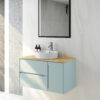 36-Inch Double Drawer + Single Door Wall-Mounted Bathroom Vanity .Blue Cabinet + Solid Wood Natural Top,Round Art Ceramic Sink Modern Minimalist Design,For Bathroom