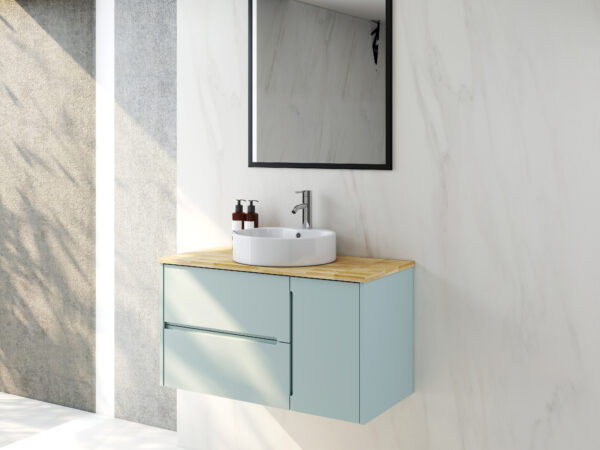011f9b36084241feb8e6fdf07ce240af_573d73a8428f02ea130e9ffeab6e98fe 36-Inch Double Drawer + Single Door Wall-Mounted Bathroom Vanity .Blue Cabinet + Solid Wood Natural Top,Round Art Ceramic Sink Modern Minimalist Design,For Bathroom