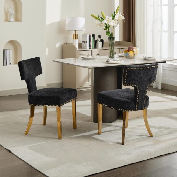 Mid Century Modern Dining Chairs Set of 2, Farmhouse Chenille Fabric Upholstered Accent Chair Curved Backrest with Copper Nails around,Kitchen Chairs with Golden Stainless Steel Plating Legs, Black