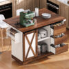 K&K 55.5" Farmhouse Kitchen Island with Drop Leaf, Kitchen Storage Island with Barn Door, Power Outlet, Rolling Kitchen Cart on Wheels with Spice Rack, for Home, Kitchen, Dining Room, White