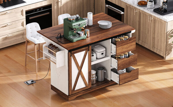K&K 55.5" Farmhouse Kitchen Island with Drop Leaf, Kitchen Storage Island with Barn Door, Power Outlet, Rolling Kitchen Cart on Wheels with Spice Rack, for Home, Kitchen, Dining Room, White
