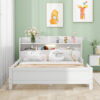 Wood Full Size Platform Bed with Built-in LED Light, Storage Headboard and Guardrail, White