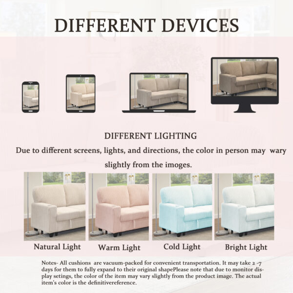 L-Shaped Sectional Sofa Bed with Pull-Out Bed & Storage, 5-Seat Sleeper Couch with USB Charging, Convertible Design for Living Room, Apartment, Corduroy Fabric, Beige