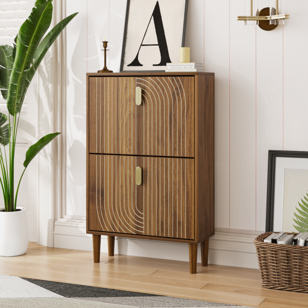 Shoe Storage Cabinet with 2 Flip Drawers,Free standing Shoe  Cabinet with Metal Handles for Entryway,Shoe Rack Cabinet with line groove design,23.6"W