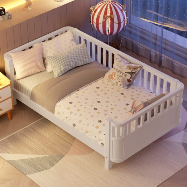 Twin Size Wood Platform Bed for Kids, Wood Low Profile Twin Bed with Rails for Girls and Boys, White (Patented Design)