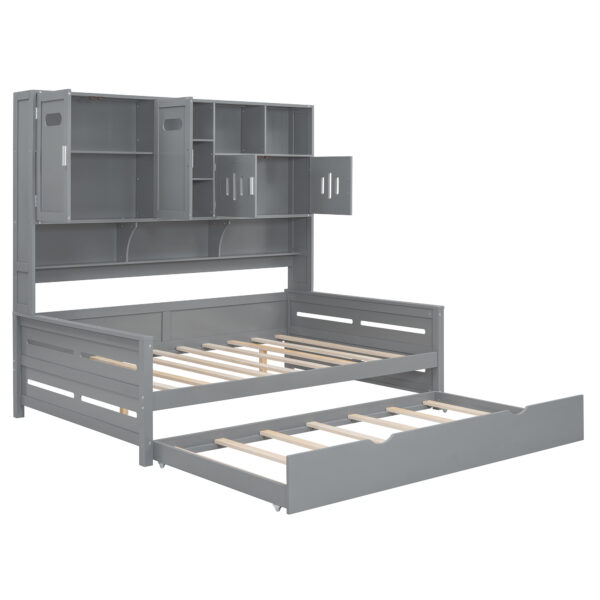 Full Size Wooden Daybed With Twin Size Trundle, and All-in-One Cabinet and Shelf, Gray