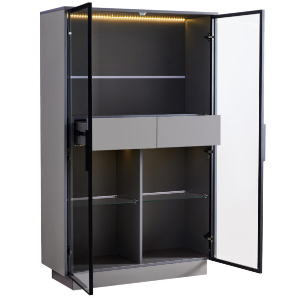 60.6'' Freestanding Display Cabinet with 2 Storage Drawers, Pantry with Glass Doors & LED Lighting, Modern China Cabinet with Adjustable Shelves for Hallways, Kitchen, Livingroom & Office - Grey