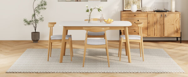 5-Piece Mid-Century Modern Dining Set - Solid Wood Frame Table + 4 Beige Upholstered Chairs(White Oak+Beige)
