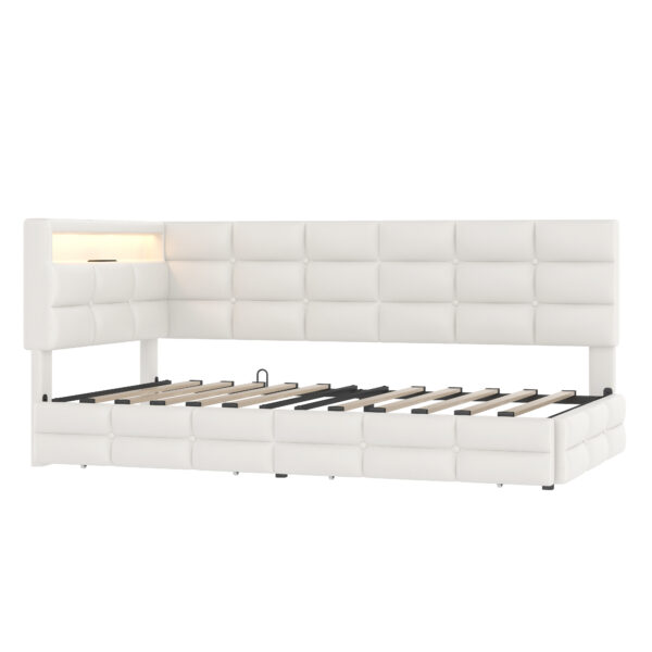 Upholstered Twin Size Daybed with Storage 2 Drawers and Charging Station, Day Bed Frame with LED Lights and Storage Headboard, No Box-Spring Needed, Beige