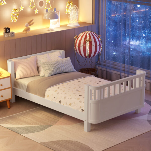 Twin Size Wood Platform Bed for Kids, Wood Low Profile Twin Bed with Rails for Girls and Boys, White (Patented Design)