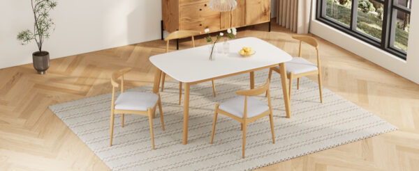 5-Piece Mid-Century Modern Dining Set - Solid Wood Frame Table + 4 Beige Upholstered Chairs(White Oak+Beige)