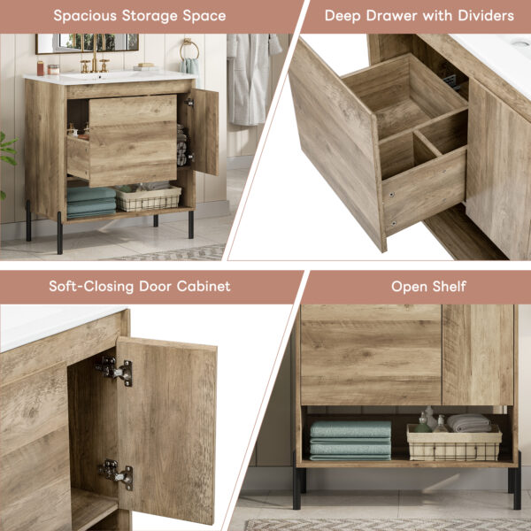 30" Modern Wood Fixture Bathroom Vanity, Bathroom Cabinet with Sliding Drawer, Bathroom Storage Cabinet with Ceramic Basin Sink Top, Single Bathroom Vanities Cabinet with Doors and Open Shelf