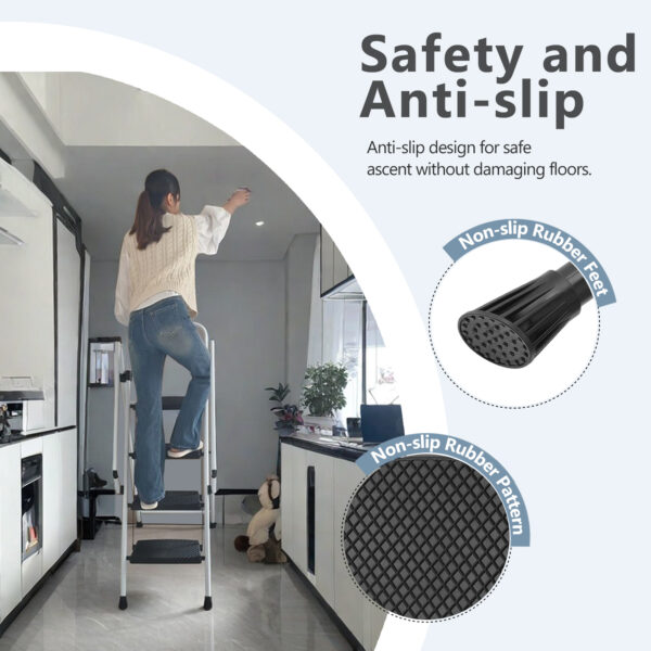 071a01ddf8cc4d6c98a5aeeec2666155_fc57ab2afb87263d6e00fa9aa84df48d White four-step ladder, light folding four-step stool, wide anti-skid pedal and safety handle, strong steel ladder, multi-purpose ladder, applicable to family, kitchen, office elevator