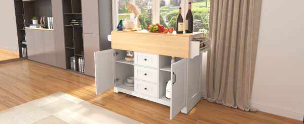 K&K 55.7'' Large Kitchen Island with 2 Drop Leaf,, Rolling Kitchen Cart on 5 Wheels with Power Outlet, Folding Storage Dining Table with Spice & Towel Rack , 3 Drawers, for Kitchen, Dining Room,White