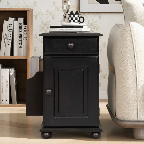 U-Can Vintage End Table Flip Top Side Table with USB Ports, One Multifunctional Drawer with cup holders, Sofa Couch Table with Bookshelf for Living room and Small Space