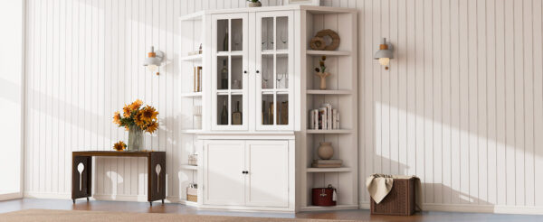 75.25'' Tall Display Cabinet and Two Triangle Sided Bookshelves, 69.25'' Wide Retro Style Wall Suit with Glass Doors, for Hallways, Living room, Office, Studio or Workspace - White