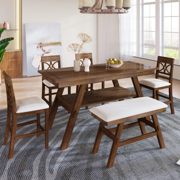TOPMAX 6-Piece Wood Counter Height Dining Table Set with Storage Shelf, Kitchen Table Set with Bench and 4 Chairs,Rustic Style, Walnut+Beige Cushion (old sku: SH000257AAD)