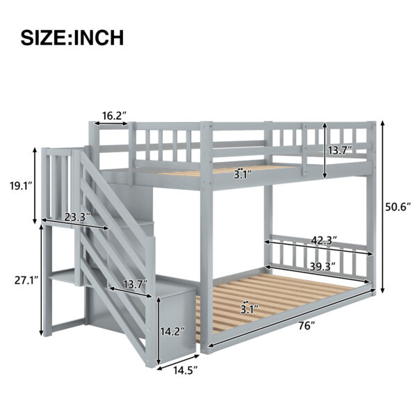 Twin over Twin Floor Bunk Bed, Ladder with Storage, Gray