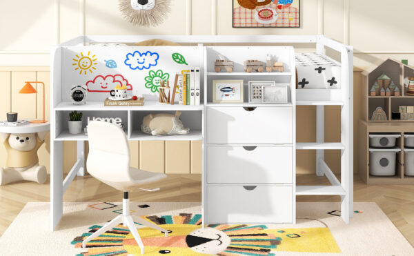 Full Size Low Loft Bed with Built-in Desk,Storage Cabinets and Open Bookcase,Whiteboard for Graffiti,White(ETA:7/8)