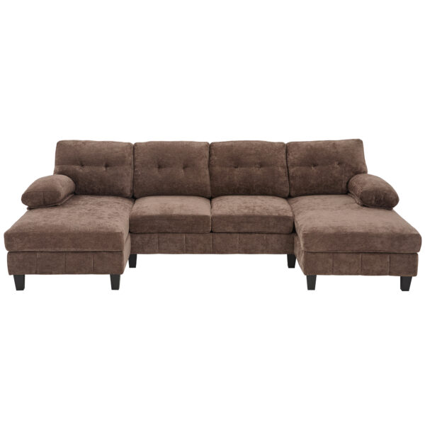U-shaped Sectional Sofa 103.5" Chenille Fabric Couch with Dual Chaise Lounges, Storage Pockets and Armrest Pillows for Living Room, Brown