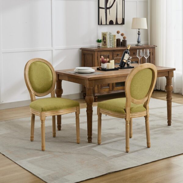 A&A Furniture,French Style Solid Wood Frame Antique Painting Linen Fabric Back Dining Chair,Set of 2,SW1845OL,Olive Green