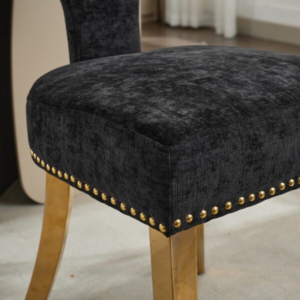 Mid Century Modern Dining Chairs Set of 2, Farmhouse Chenille Fabric Upholstered Accent Chair Curved Backrest with Copper Nails around,Kitchen Chairs with Golden Stainless Steel Plating Legs, Black