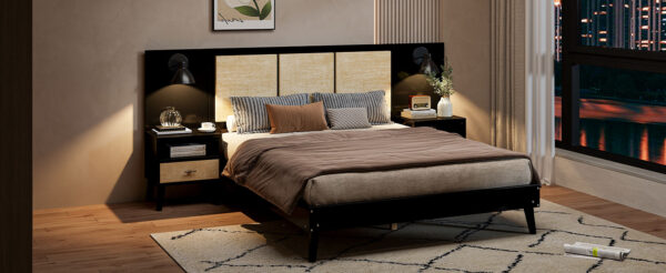 Queen Size Solid Wood Bed Frame with 2 Nightstands, Elegant Design with Lamps, Rattan and Wood Combination,Black