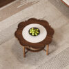 Mid-Century Style Coffee Table with Petal Shape and White Crackle Pattern Glass, 2-Tiered Coffee Table with Rattan, Walnut, 31.5"