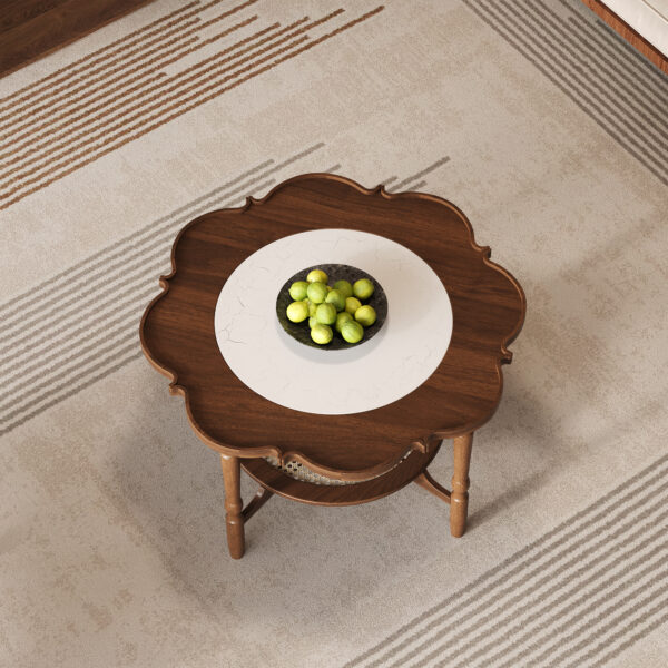 Mid-Century Style Coffee Table with Petal Shape and White Crackle Pattern Glass, 2-Tiered Coffee Table with Rattan, Walnut, 31.5"